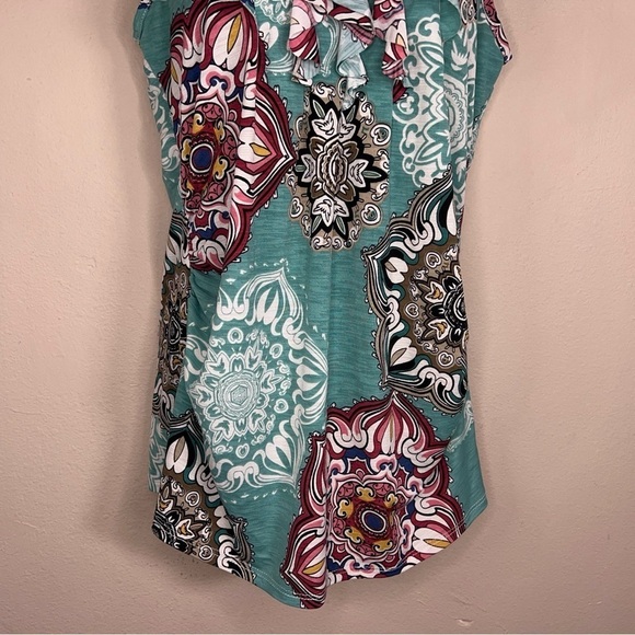 LARGE 42 POPS BLUE BOHO RUFFLE SLEEVELESS STRETCH BLOUSE TOP PAISLEY - Picture 3 of 11